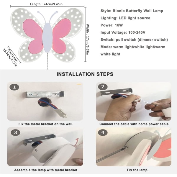 IC LED Vägglampa inomhus med på/av-brytare, Barnrumsinredning Sänglampa Dimbar 3 färger Utbytbar 16W Creative 3D Butterfly