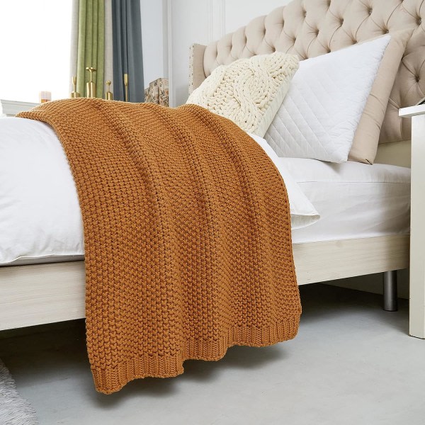 IC Stickad filt Lätt bränd orange filt 100 % ekologisk bomull för bäddsoffa Baby , Rustik Nostalgi Chic, 129,54 cm x 160,02 cm