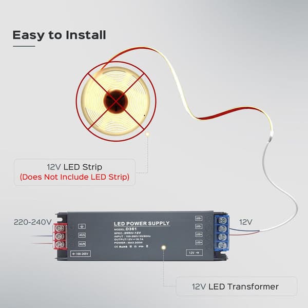 12V 200W LED Driver Strømforsyning Transformator 16.64A AC 230V til DC 12V Kompakt Slank Lavspenning for LED-lys