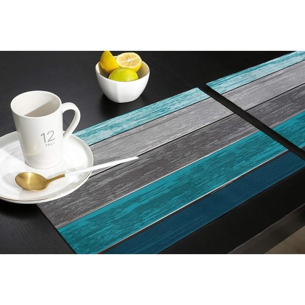 Set med 6 bordstabletter, retro rustik lada trästruktur polyester fläckbeständig tvättbar bordstablett blå grå