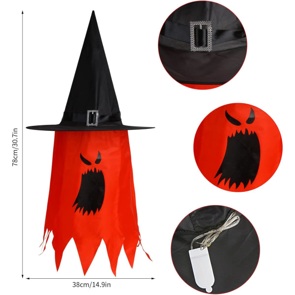 IC Halloween-ripustuslamput noitakypärissä, valaisevat noitakypärät hehkuvat haamuhatut Valoisa ulkokoristelu puutarhapuille 6-pakkauksessa