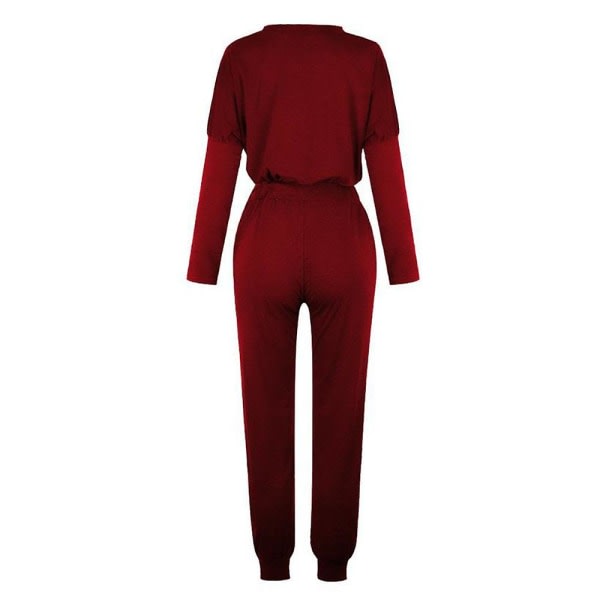 Kvinnor Casual Enkla kläder T-paita Toppar + Dragsko Elastisk midja Lenkkeily Träningsbyxor Byxor Loungewear Set Wine Red L