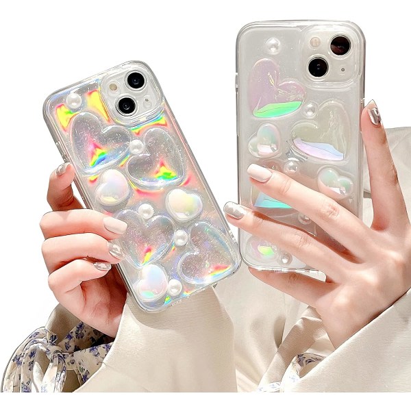 IC Hjärta phone case, Söt Laser Love Hearts Shape iPhone 13 case, Regnbågsfärg 3D Heart Glitter Klart case med Radiumplåt
