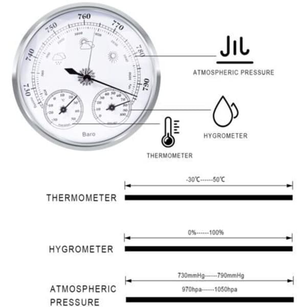 Analog værstasjon for innendørs og utendørs bruk med barometer, termometer, hygrometer, sølv, 128 mm