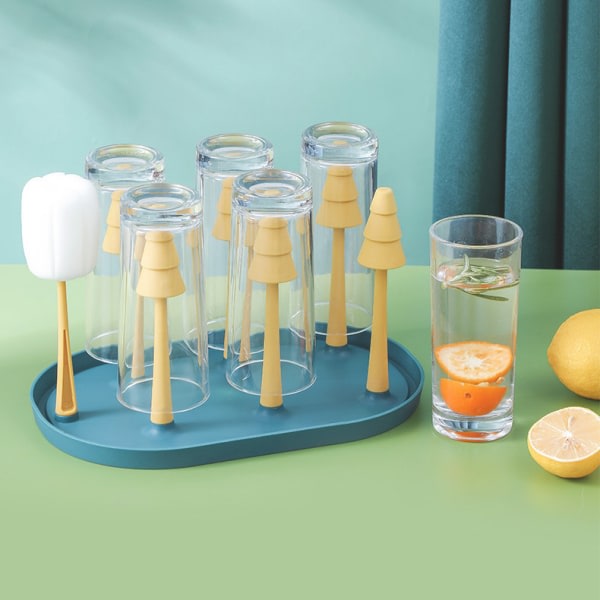 Dräneringsställ för koppar, glasställ för baby, ställ och borste för koppförvaring, omvänt tekoppställ, köksanvändning mörkblå