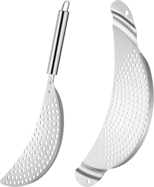 2-delt grytesilsett, klipsbar pastasil i rustfritt stål med håndtak, for å sile pasta, ris og buljong, sølv, opptil 25 cm