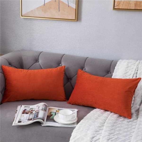 IC Kuddfodral 12x20 Bränd Orange: 2-pack Mysig mjuk sammet rektangulära kuddfodral för lantlig inredning, IFENG