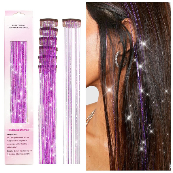 IC Clip in Hair Tinsel Kit, paket med 6 st Glitter Fairy Tinsel Hair Extensions 20 tums glänsande hår glitter Värmebeständig (silver)
