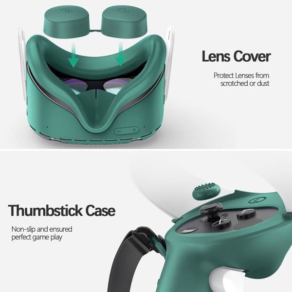 Silikone beskyttelsessæt til Meta/Oculus Quest 2, 5-i-1 VR-tilbehør med headset-cover, controller-greb og linsebeskytter, grøn