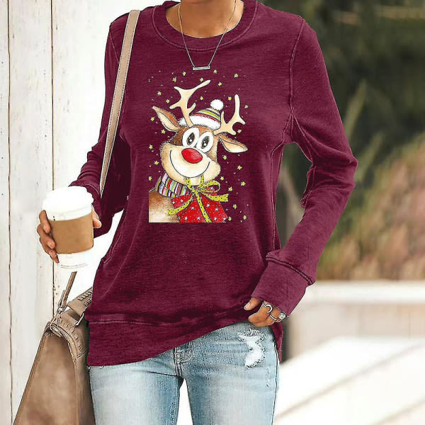 Kvinnors jul- printed långärmad T-paita med rund hals, jul-tröja TopparMWine Red Wine Red M