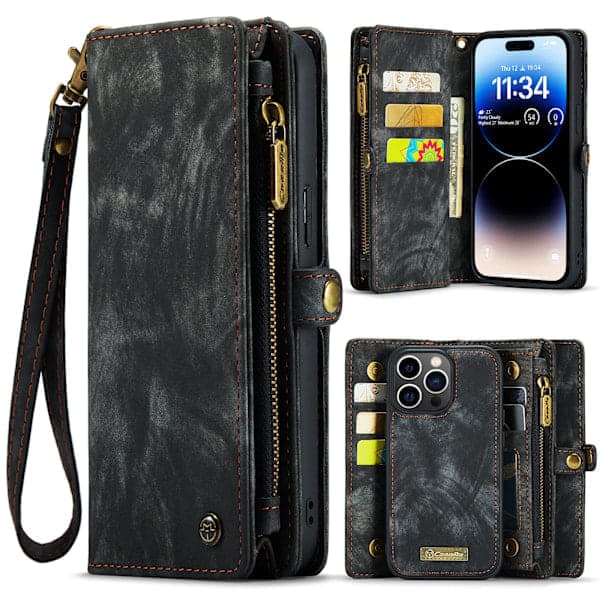 Wallet Case with Magnetic Detachable Shell [8 Card Slots] iPhone 14 Pro Max Wallet Clutch with Wrist Strap (Black)