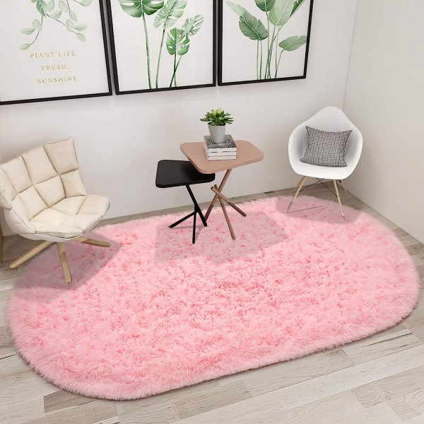 IC Ovala fluffiga ultramjuka mattor för sovrum Plysch Shaggy matta för barnrum Sängbordsmattor, 2,6 x 5,3 fot, rosa