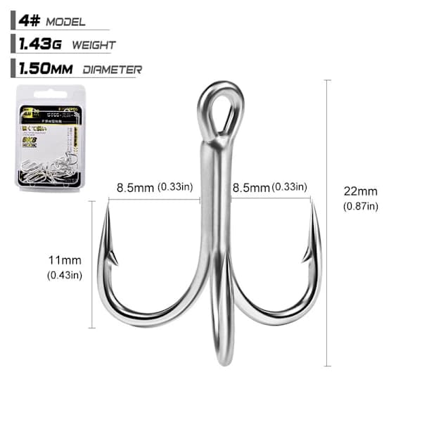 4x-Strong Treble Fishing Hooks Size 4#-5/0 Sharp Round Bend for Lures 20pcs 4# 20pcs 4#