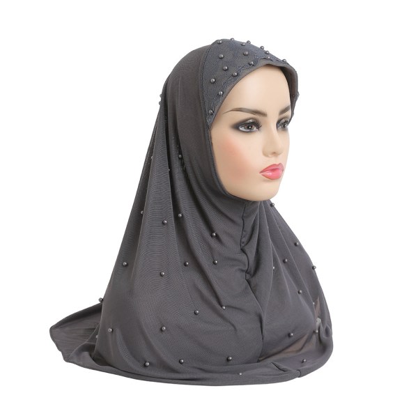 IC Chiffong Muslim Hijab Hijab Dubbel Mesh Beaded Hijab-mörkgrå