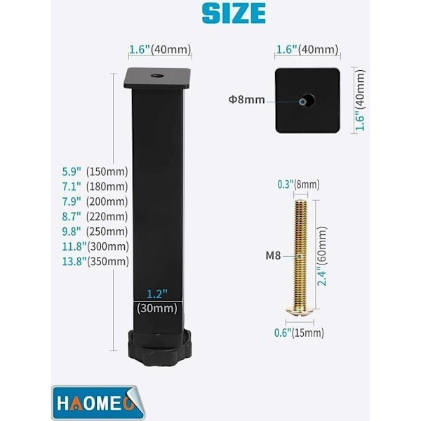 Sengeben, Universelle Lamelbundsfødder Højde: 35cm(+2cm) Justerbar, 15-35cm I 3x3cm Til Rammer Med M8×60mm Bolt（4Stk）, af DEBUNS