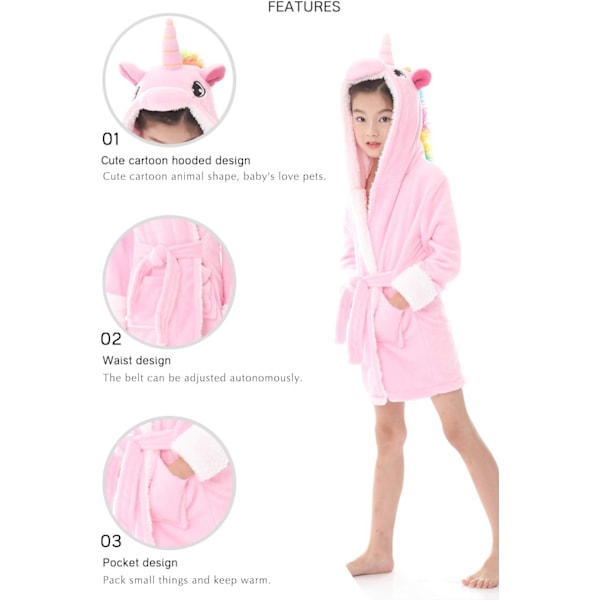 Lasten kylpytakki 3D Yksisarvinen Huppu, Tytöt Pojat Fleecepuku Pehmeä Kigurumi Piirretty Aamutakki Yöasu Pyjama Taskut A-pink unicorn 140