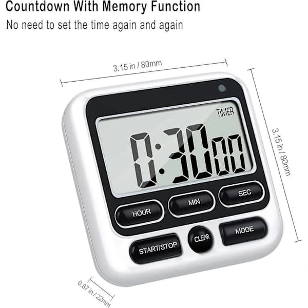 Digital køkkentimer med stort LCD-display og lydløs/alarmtilstand