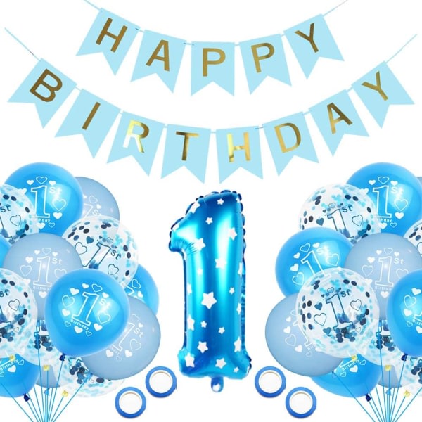 IC Födelsedagsdekoration 1 års pojke, dekoration 1:a födelsedagen, ballongblå konfetti för 1-årsfest Barnfödelsedag Grattis på födelsedagen-Blau