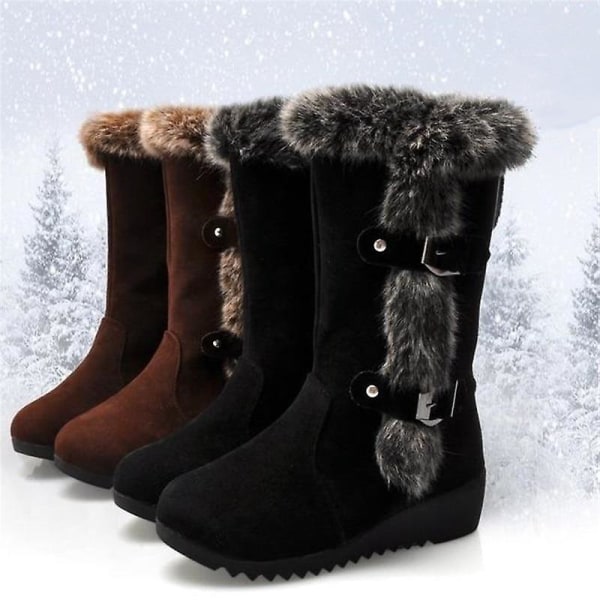 Nya dam vinterstövlar Mid Calf Warm Fur Boots Black 39