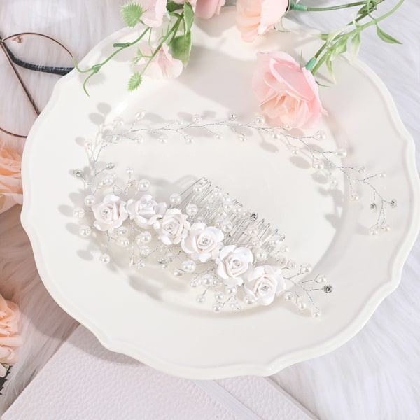 IC Bröllopsblommor Hårtillbehör Pärlhårkam Tiara Brud Huvudbonad Vit one size