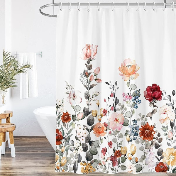 IC Brusedør i blomstermønstret stof, Brusedør Badeværelse, Vandafvisende Hurtigtørrende Polyesterstof Badeværelse 72\" B x 72\" L med kroge