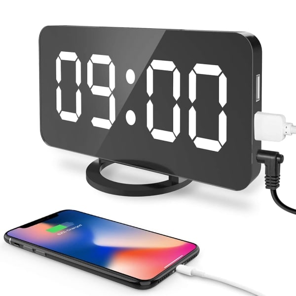 IC Digital vækkeur, stor LED-skærm med dobbelt USB-opladningsporte, automatisk dæmpningstilstand, enkel snooze-funktion - Hvidt lys