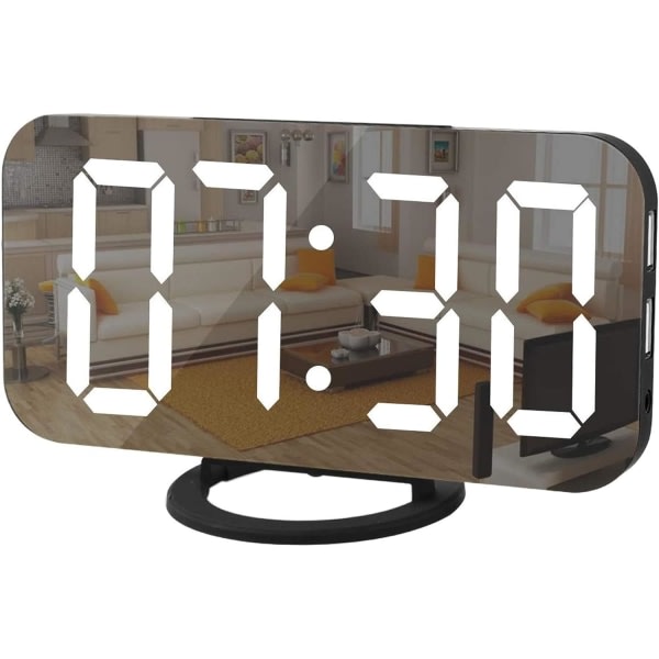 IC Digital väckarklocka, spegel LED elektroniska klockor, med USB-laddare, snooze-funktion, automatisk/anpassad ljusstyrka - svart-vit