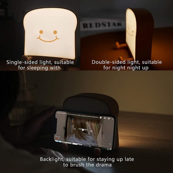 IC Toast Brød Nattlys, Myk LED Toast Lampe med Søtt Ansikt Smiler Alltid, Soveromslampe Eksamen Gaveideer