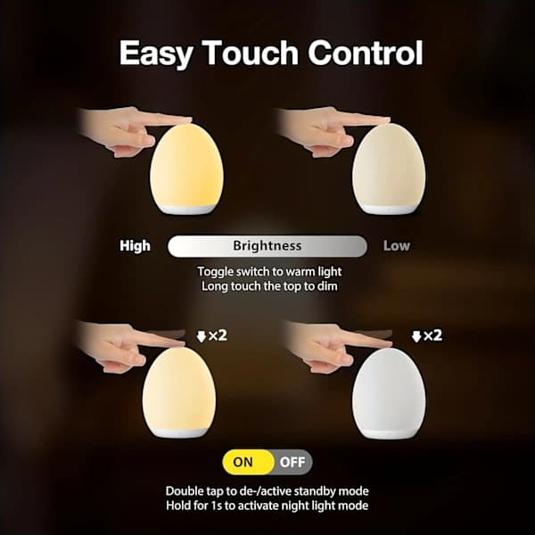 Rechargeable Egg-Shaped Night Light, 7 Color Modes, Adjustable Warm White LED, Touch Control and Timer White White