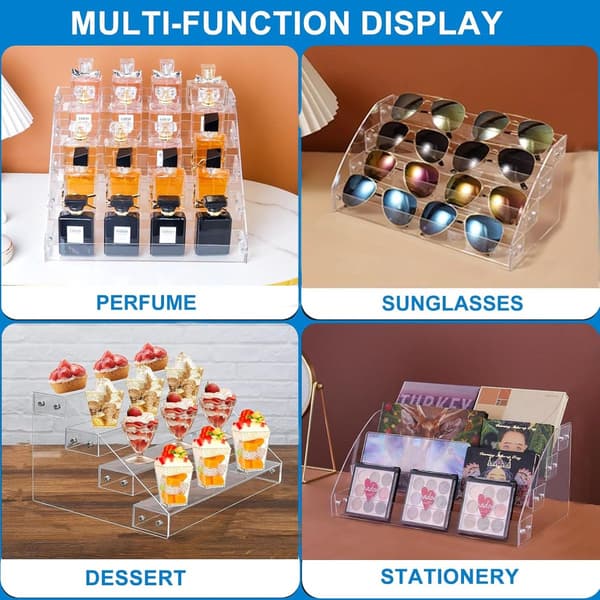 Genomskinligt displayställ i akryl med 4 hyllplan för nagellack, parfymer, cupcakes, desserter och samlarobjekt