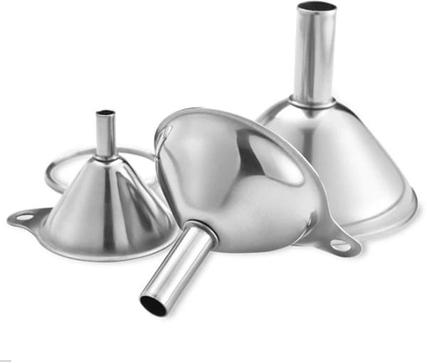 3 trakter i rustfritt stål - med filtre og sidehåndtak - for sauser, oljer, krydder - sølv - 7,5/5,5/4,5 cm