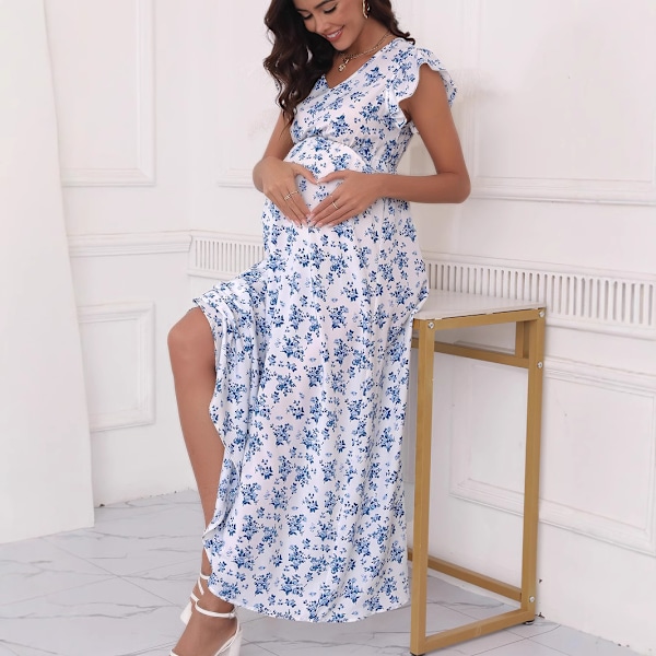Naisten äitiysvaatteet kevät painettu V-kaula-aukko pienet lepattavat hihat suuri swing-mekko White print XL