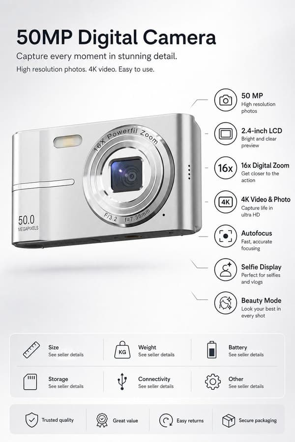 Digitalkamera, 50 Megapixel, 4K Video, 16X Digital Zoom, Autofokus, 2,4-tommer LCD, Kompakt Kamera Til Vlogging Og Rejser, Sort