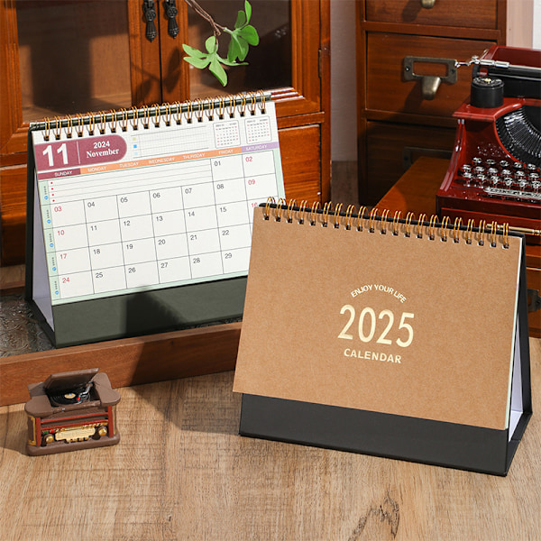 2025 enkel Morandi skrivebords kalender MUJI stil engelsk kalender desktop åben memo små ornamenter 2025 Black bottom cowhide