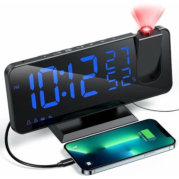 Projektor Väckarklocka med Radio, Digital Klocka, USB Väckarklockradio med Dubbla Alarm och 7 LED Spegelskärm (Blå Text), av DEBUNS