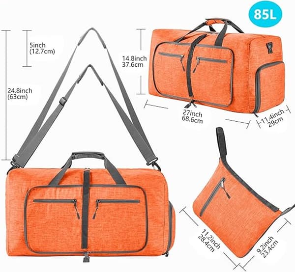 Sammenklappelig rejsetaske, 85L 600D polyester, vandafvisende med skorum, til rejser og sport, orange