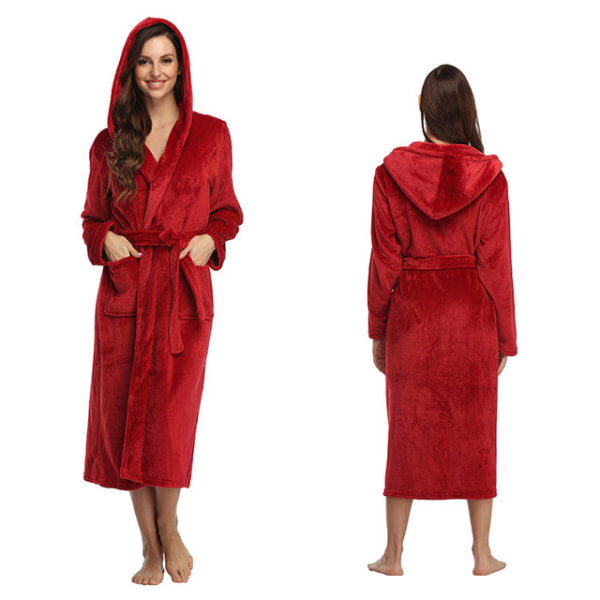 Vinterrock i varm fleece for kvinder med huva, lang badrock med luva i plysch Red S