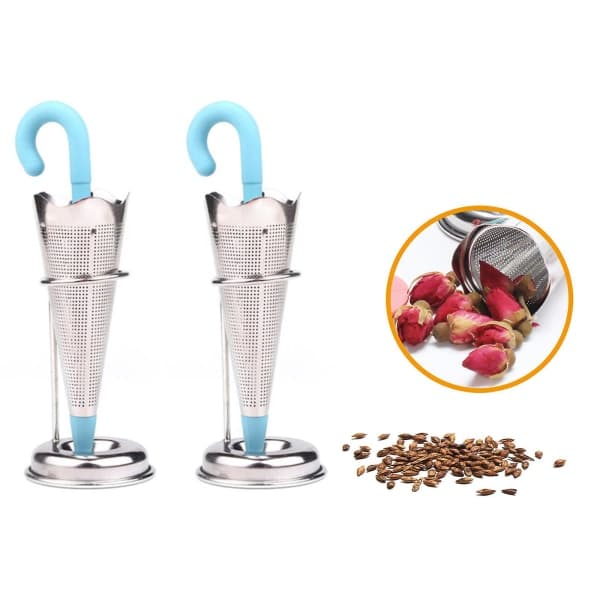 IC 2-pack rostfritt stål tesil, paraplyformad teinfuser med droppbricka för löst te, ros, kaffe, kryddor