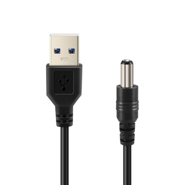 USB til 5.5mm/2.1mm 5V DC Strømkabel (Svart, 75cm)