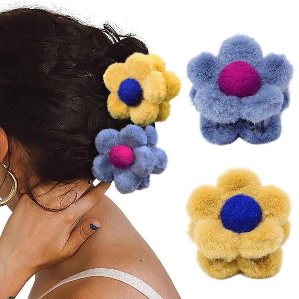 Flower Claw Clips, 2 st Fluffy Flower Hårklämmor för kvinnor Sininen+keltainen