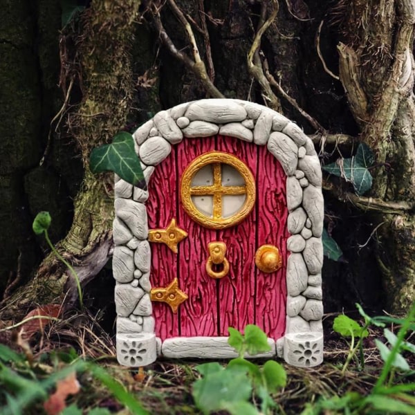 Trä Fairy Door Ornament, Mini Alf Door Modell Trädgård Miniatyr Dekor Red