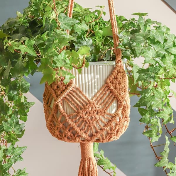 Makramé-växthängare 2-pack, handvävd bomullsrep-hängare med S-krokar för 20 cm krukor, Boho-inredning för inomhus- och utomhusbruk, Karamell