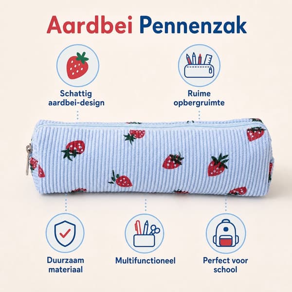 Penalhus med jordbærprint, tekstilorganizer med stor kapacitet til skole og makeup, lyseblå, 21 x 4,5 x 5,5 cm