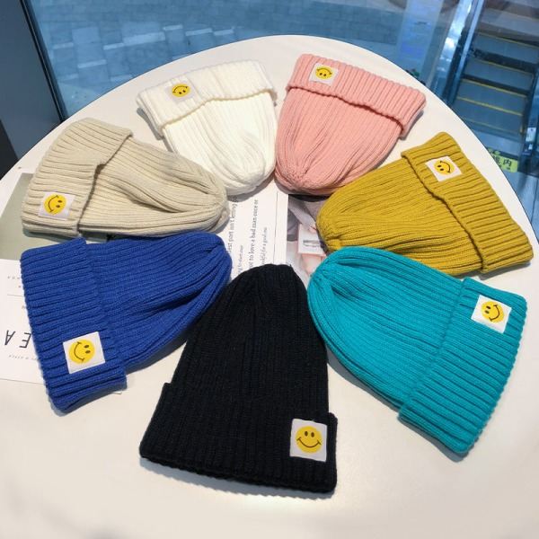 Varm vinterstrikket hue med smilende ansigt Rosex rundt ansigt Vinter Uld Damlapp Koreansk stil All-Match Unisex Vinrød M（56-58cm）