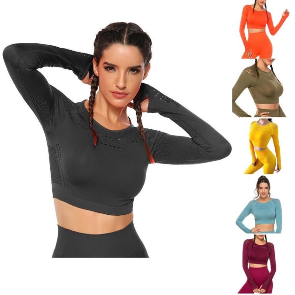 Vinrød Crop Top sømløs med lange ærmer. WineRed S