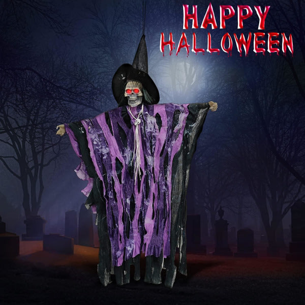 IC Halloween-koriste - riippuva haamu hehkuvilla punaisilla silmillä, äänellä ohjattava (violetti, 1 pakkaus)