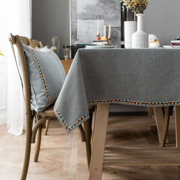 IC Linne Strukturerad Solid Bordsduk med Blommönster Kant Farmhouse Dammtät Bordsduk för Kök Matbordsdekoration (Grå, 55x63 tum)