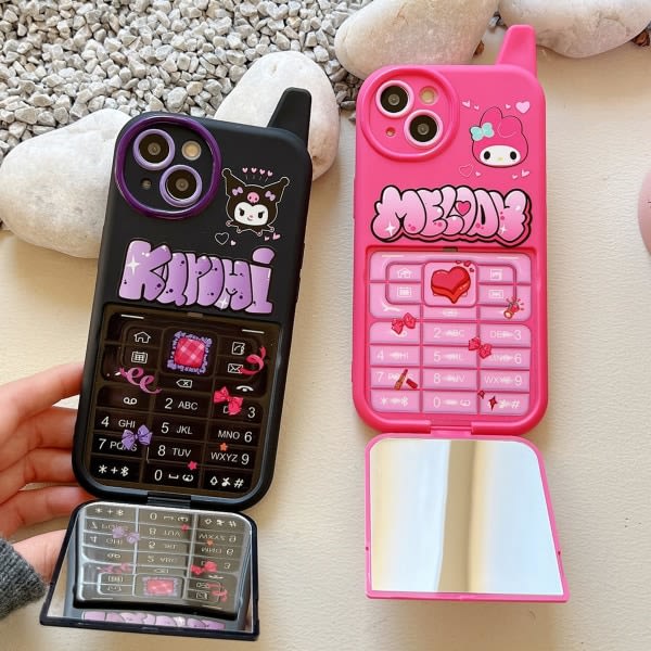 IC Tegneserie-etui til iPhone 14, Retro Kawaii Søt telefonetui med sminkspeil Mykt støtsikker TPU-deksel for jenter Barn Tenåringer (Svart)