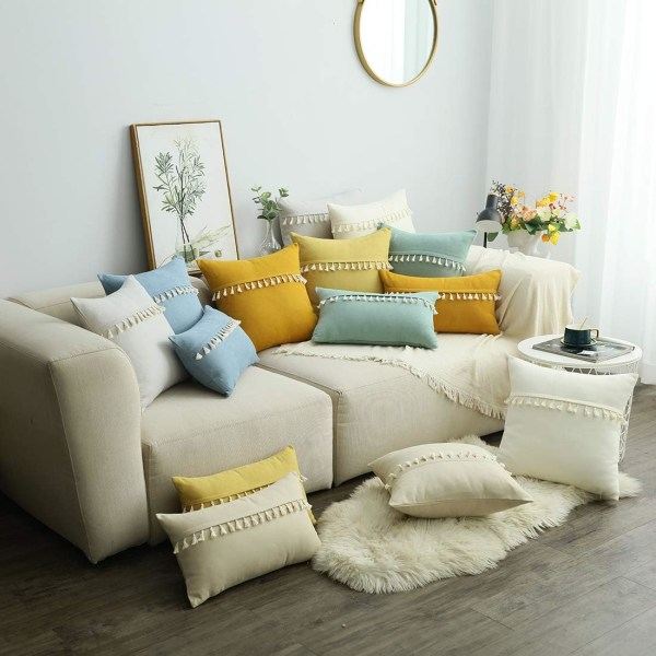 IC Boho Dekorativt Ryglæn Cover med Kvaster til Sofa Superblød Solid Case (Off White, 12\"x20\")
