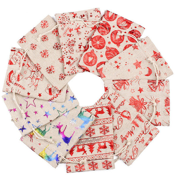 60 stk. gullbelagte bomulls- og linne-juleposer med kreative design